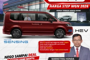 Brosur tabel daftar harga OTR resmi dan simulasi kredit Honda Step WGN e:HEV untuk wilayah Padang Sumatra Barat tahun 2026.